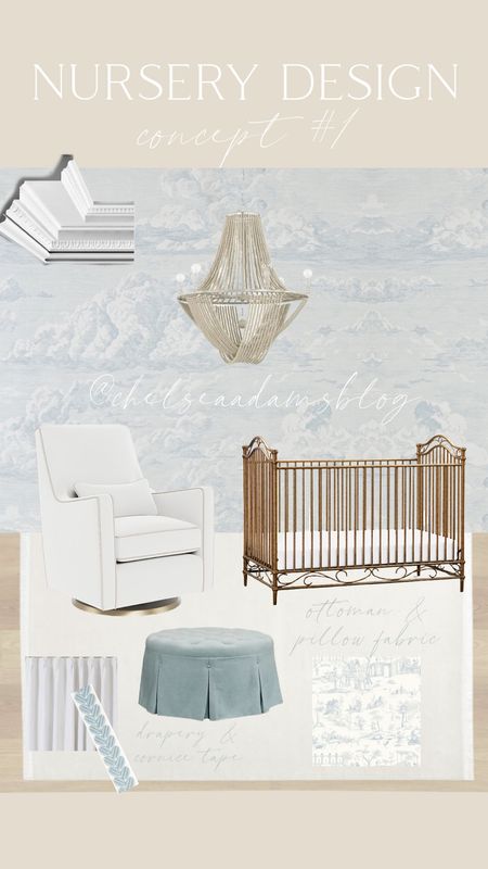 Nursery design concept
Boy nursery
Blue and white nursery
Cloud wallpaper
Cloud toile
Gold crib
Namesake home crib
Camellia crib
Blue ottoman
Skirted ottoman
Grandmillenial nursery
White glider
Glider recliner
Monte design luca glider
Schumacher wallpaper
Pinch pleat curtains
Two pages curtains
Amazon curtains
Baby boy
Luxury nursery

#LTKunder100 #LTKunder50 #LTKhome