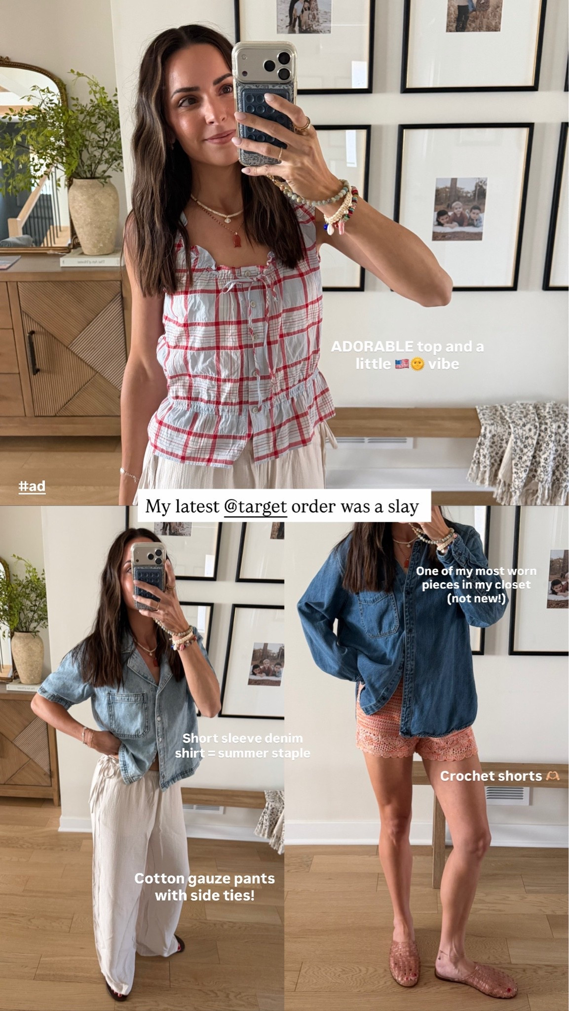 @Target #ad
Plaid tank: true to size (S) 
Short sleeve denim shirt: sized down 1 (XS)
Side tie pants: tts (S) I’m 5’7” 
Long sleeve denim shirt: sized up 2x to a L 
Crochet shorts: true to size (S) 
Jelly flats: true to size

#LTKootd #LTKSaleAlert #LTKSeasonal