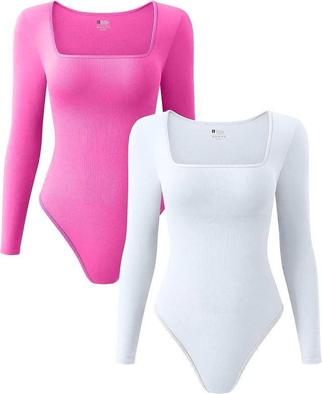 OQQ Women's 2 Piece Bodysuits Sexy Ribbed One Piece Square Neck Long Sleeve Bodysuits | Amazon (US)