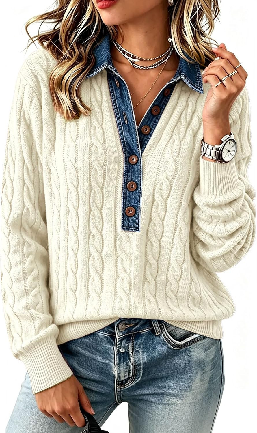 Womens Sweaters Lapel Denim Collared Cable Knit Sweater Patchwork Polo Tops | Amazon (US)