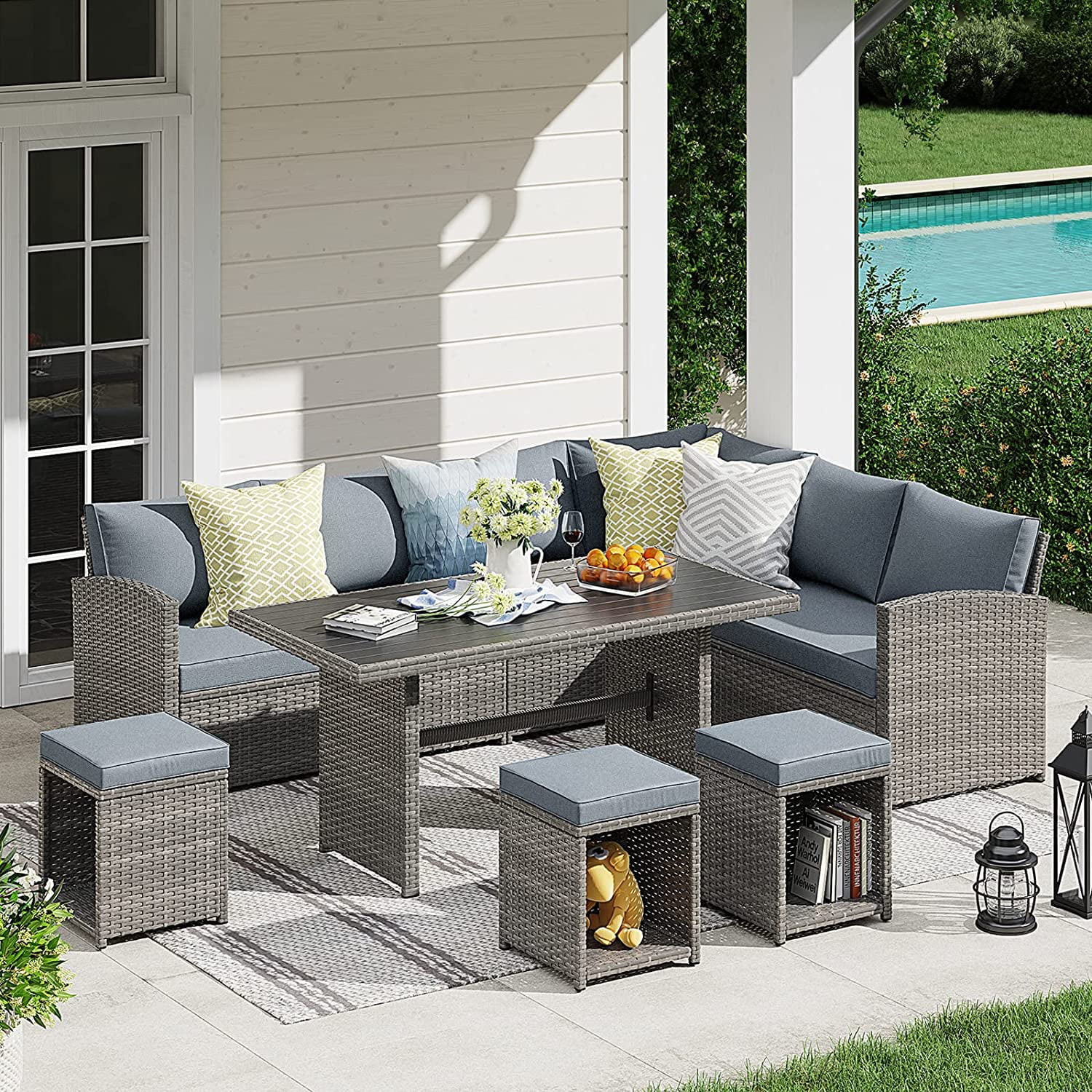 JOIVI 7 Pieces PE Rattan Wicker Dining 9 Sofa Set, Outdoor Patio Furniture, Gray | Walmart (US)
