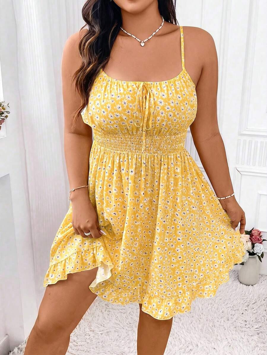 Elenzga Plus Ditsy Floral Print Tie Front Ruffle Hem Cami Dress Vacation Beach Outfits Women | SHEIN