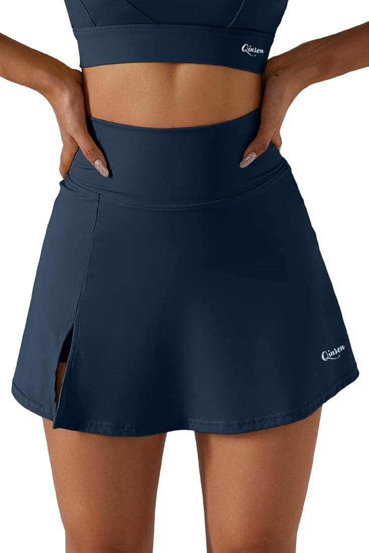 QINSEN Women's Tennis Skirts Stretch High Waisted Golf Skorts Running Sports Workout Activewear | Amazon (US)