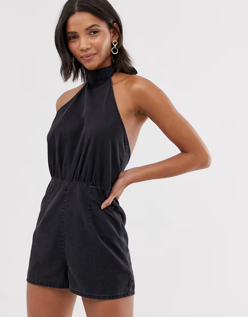 ASOS DESIGN denim halterneck playsuit in washed black | ASOS (Global)