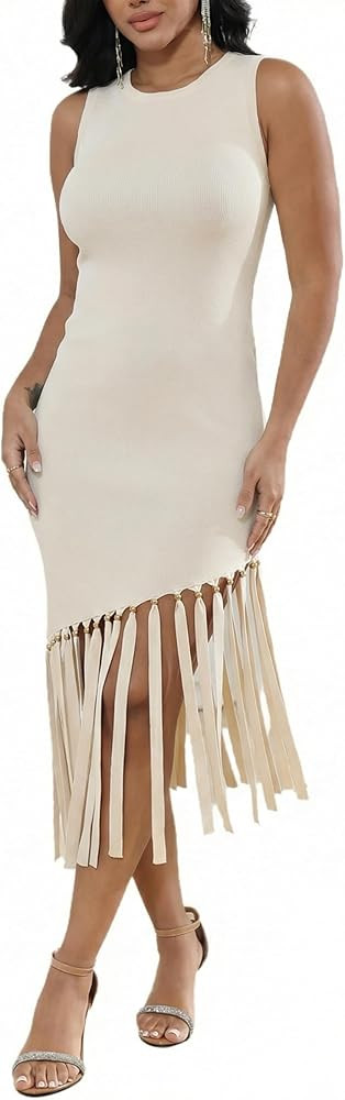 ECHOINE Women Knit Bodycon Midi Dress Sleeveless Ribbed Asymmetrical Fringe Tassel Cocktail Party... | Amazon (US)