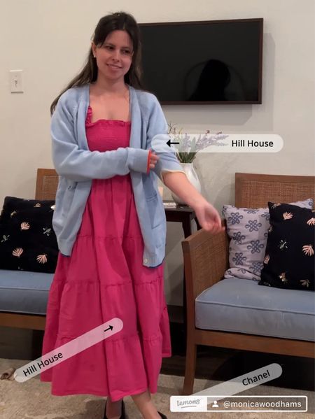 How to wear a hill house home nap dress two ways 1. With a cardigan  2. With an Hermes scarf (a scarf ring helps) Chanel flats with both #fashionfinds #luxurylifestyle #luxuryfashion #chanelflats #hillhouse #chanel #hermes #hermesscarf #petitefashion #petiteguide  