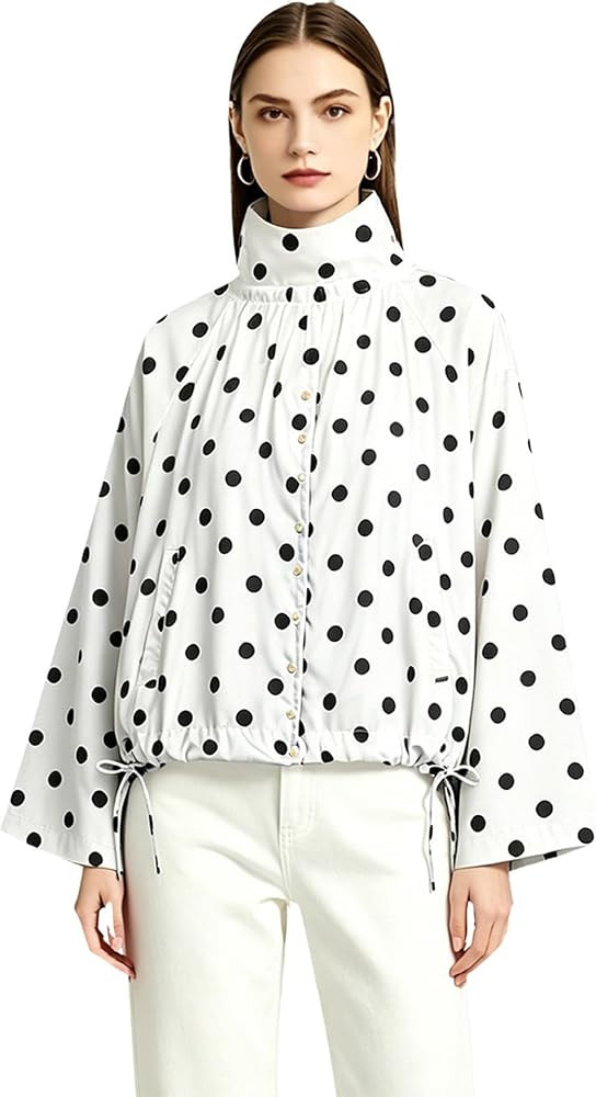 Jugaoge Adult Woman Long Sleeve Pink Polka Dot Jacket Lace Up Stand Collar Jacket Drawstring Pink... | Amazon (UK)