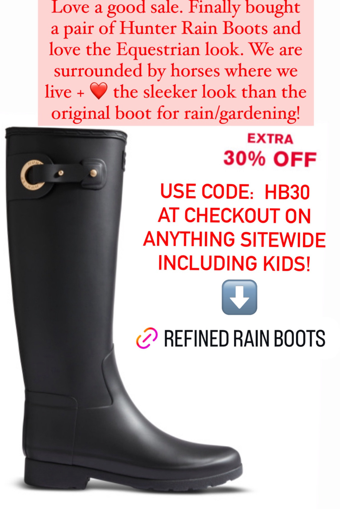 30% off all Hunter Boots for women, men & kids! Loving this refined equestrian-style riding rain boot. Perfect for can’t days or in the garden. 

#LTKSaleAlert #LTKStyleTip #LTKFamily