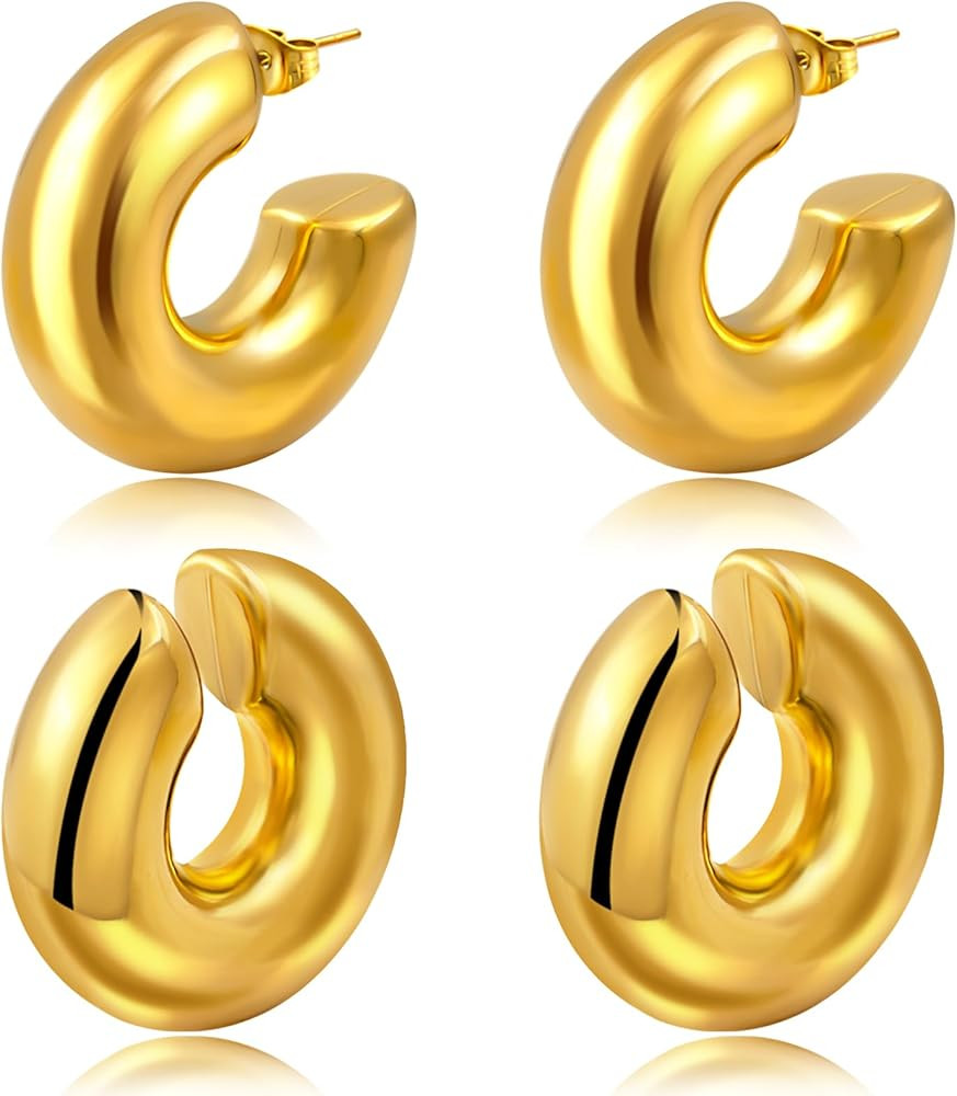 Ronglry Chunky Gold Hoop Earrings and Ear Cuffs for Women Non Piercing Hollow Lightweight Stainle... | Amazon (US)