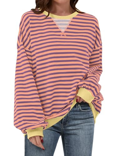 ANRABESS Women Striped Sweatshirts Oversized Crewneck Long Sleeve Shirts Y2K Pullover Top 2025 Fall Outfits Fashion Clothes Purple Orange Medium | Amazon (US)