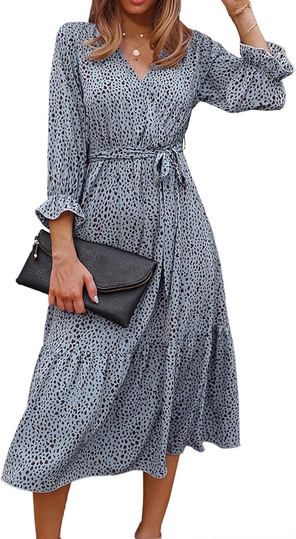 KIRUNDO Women’s 2022 Fall Dress Long Sleeve Leopard Print Midi Dress Button Front Flowy A-Line High  | Amazon (US)
