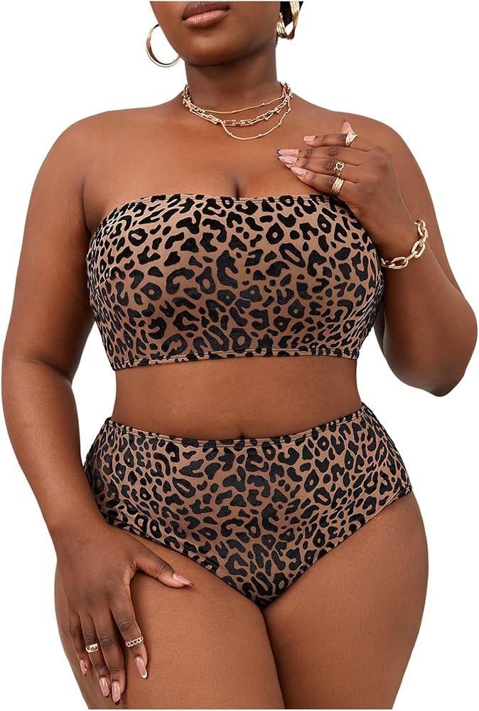 Floerns Women's Plus Size 2 Piece Swimsuits Cheetah Sleeveless Bandeau Bikini Set | Amazon (US)