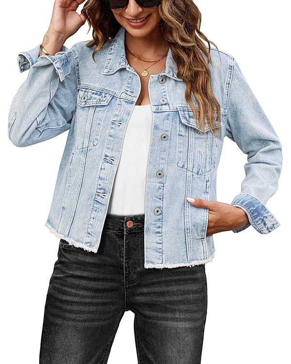 luvamia Denim Jacket for Women Distressed Jean Jackets Button Up Vintage Western Trucker Jacket F... | Amazon (US)