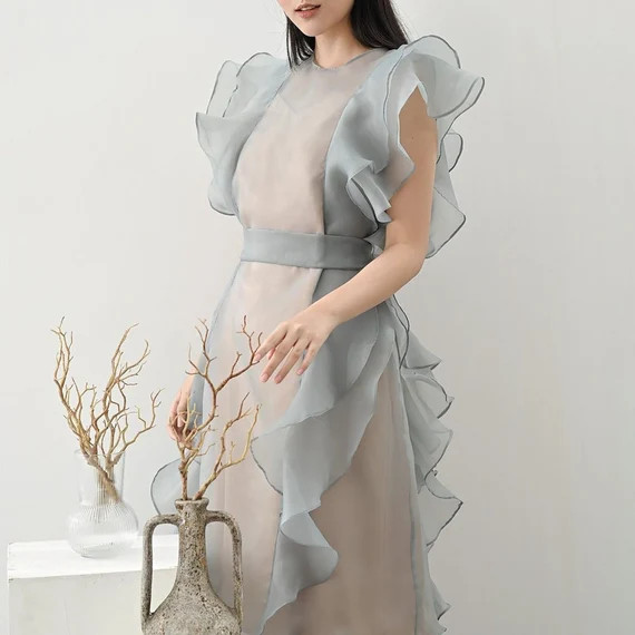 Women Organza Ruffle Midi Dress Pastel Turqoise Layered | Etsy | Etsy (US)