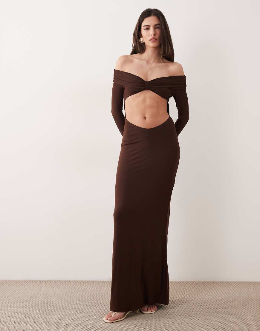 Oh Polly off shoulder cut out detail maxi dress in chocolate brown | ASOS (Global)