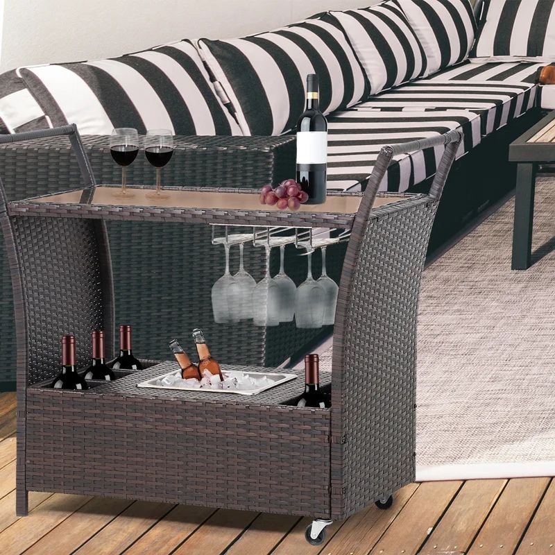 Camishia Outdoor Rolling Wicker Bar Cart w/ Removable Ice Bucket, Glass top, Wine Glass Holders | Wayfair North America