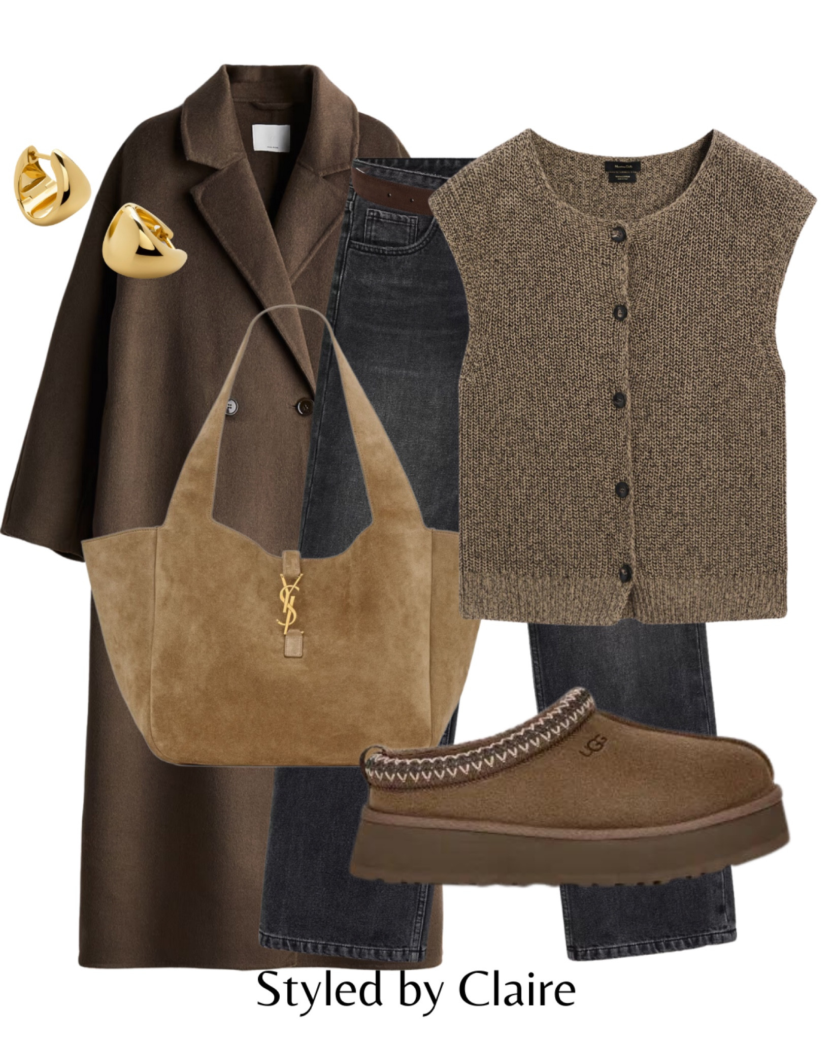 Brown coat & Uggs🐻
Tags: oversized wool coat, knit vest button detail Massimo dutti H&M Hickory ugg tazz YSL suede tote bag dark wash jeans belt mango high waist. Fashion autumn winter inspo outfit ideas casual city break styling airport outfit comfy & chic women’s style 

#LTKshoes #LTKbag #LTKautumn