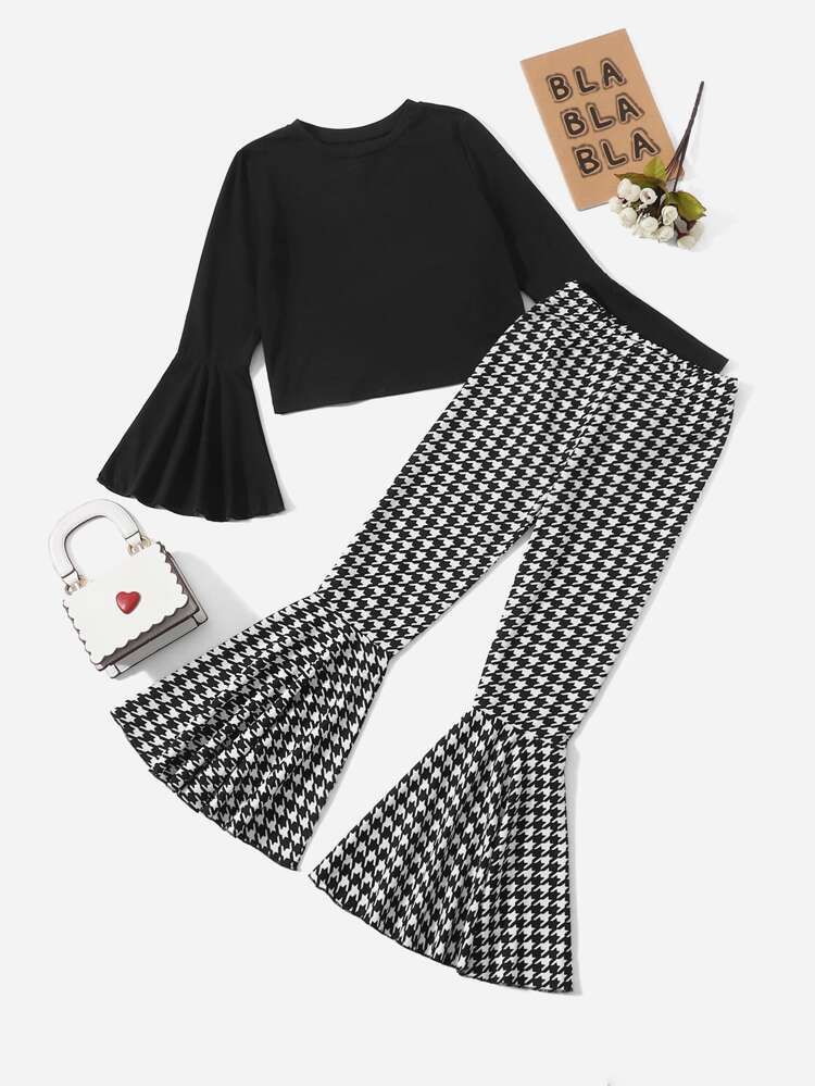 SHEIN Girls Bell Sleeve Top And Houndstooth Flare Leg Pants Set | SHEIN