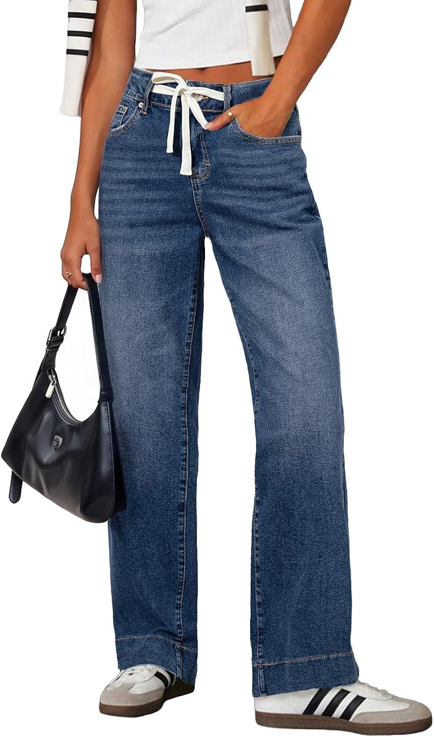 Sidefeel Women's High Waisted Straight Leg Jeans Drawstring Denim Pants | Amazon (US)