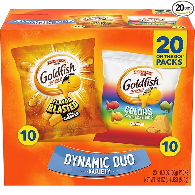 Goldfish Dynamic Duo Variety Pack, Colors Cheddar & Flavor Blasted Xtra Cheddar, Snack Packs, 20 ... | Amazon (US)