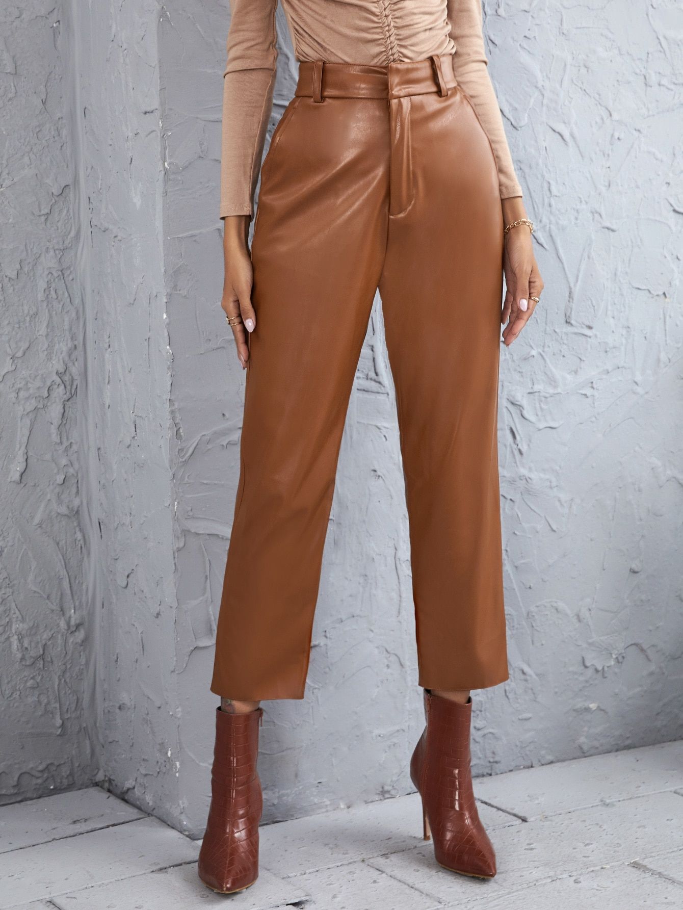 PU Leather Solid Straight Leg Pants | SHEIN