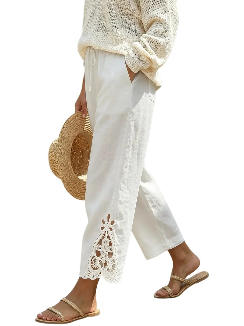 DOKOTOO Linen Cotton Pants Women Casual Lightweight Drawstring Pants Elastic Waist Pants with Poc... | Walmart (US)