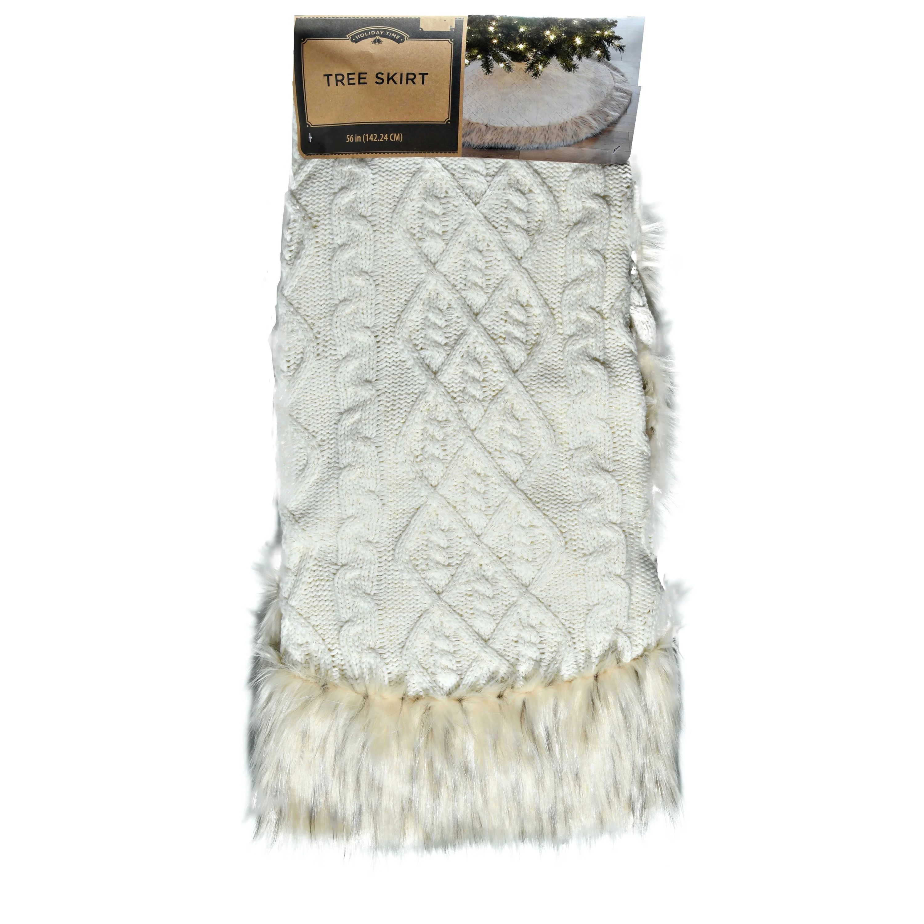 Holiday Time Cream Classic Cable Knit with Faux Leopard Fur 56"Dia Tree Skirt - Walmart.com | Walmart (US)