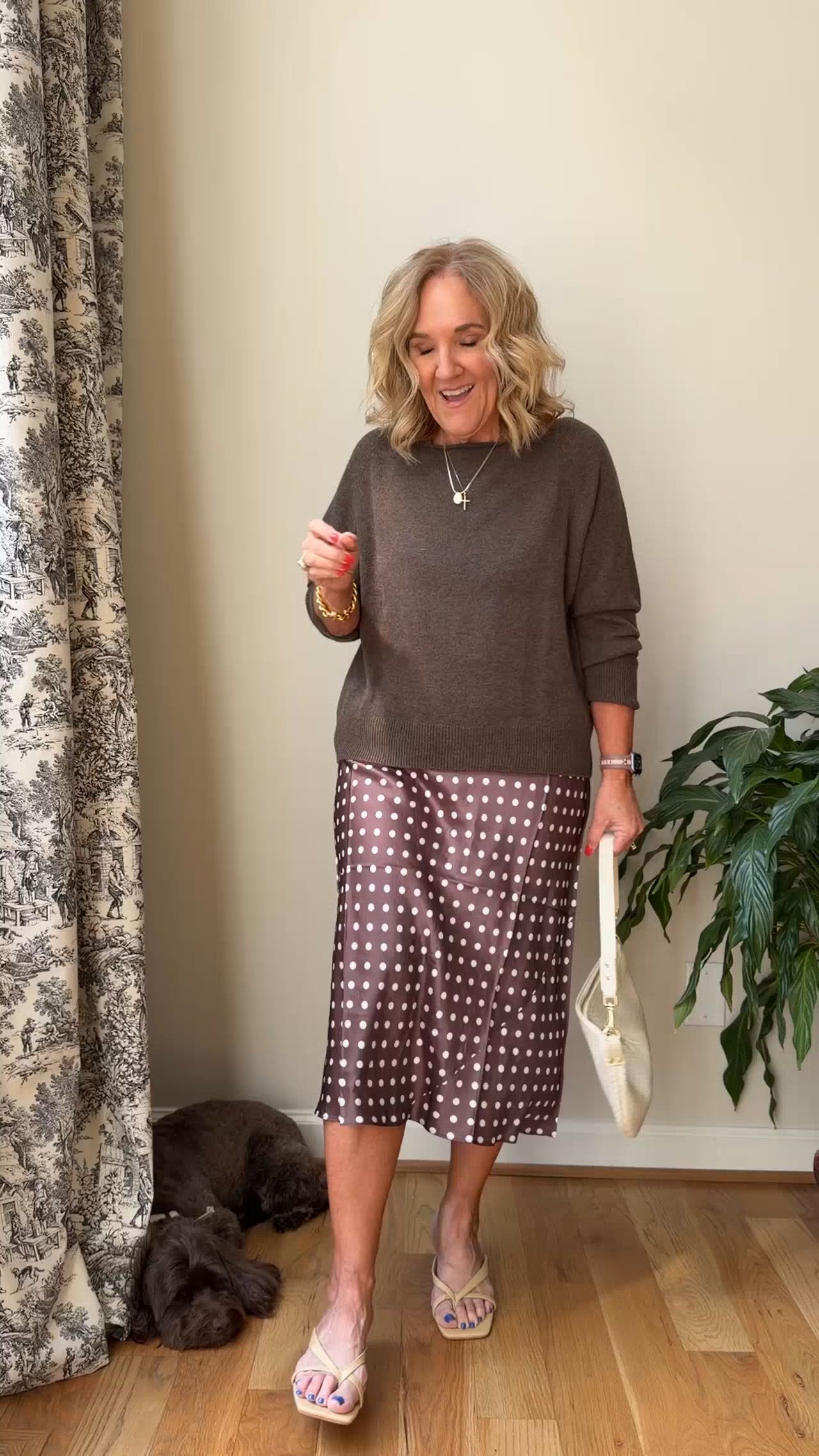  Quince cashmere size medium 
Slip dress size medium 
There’s a loft brown slip skirt that would look perfect with this sweater too I wear a medium petite in that. 

 Brown polka dot 

#LTKMothersDay #LTKOver40 #LTKPetite