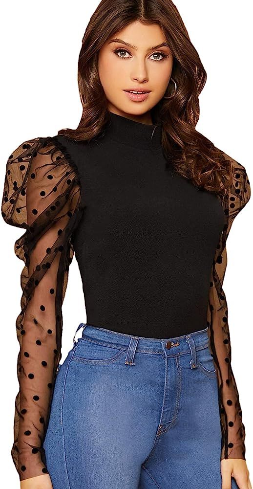 Women's Mock Neck Polka Dot Mesh Puff Sleeve Blouse Tops | Amazon (US)