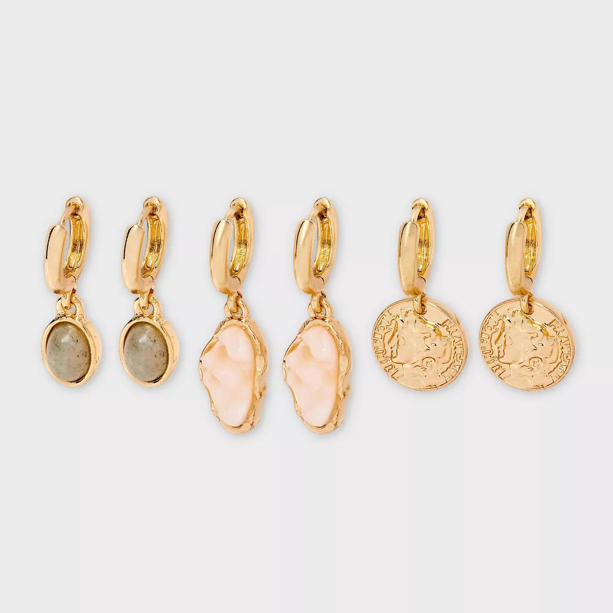 Labradorite Stone and Coin Hoop Earring Set 3pc - Universal Thread™ Gold | Target
