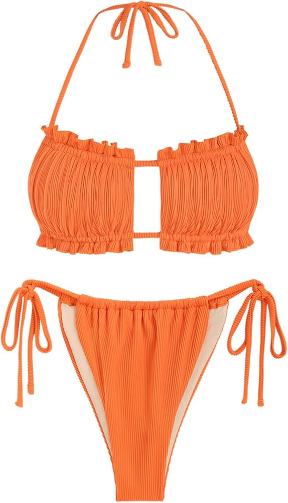 ZAFUL Women 2 Piece Strapless Bikini Swimsuits Ruffle Ribbed Bandeau Bikini Set High Cut Bathing ... | Amazon (US)