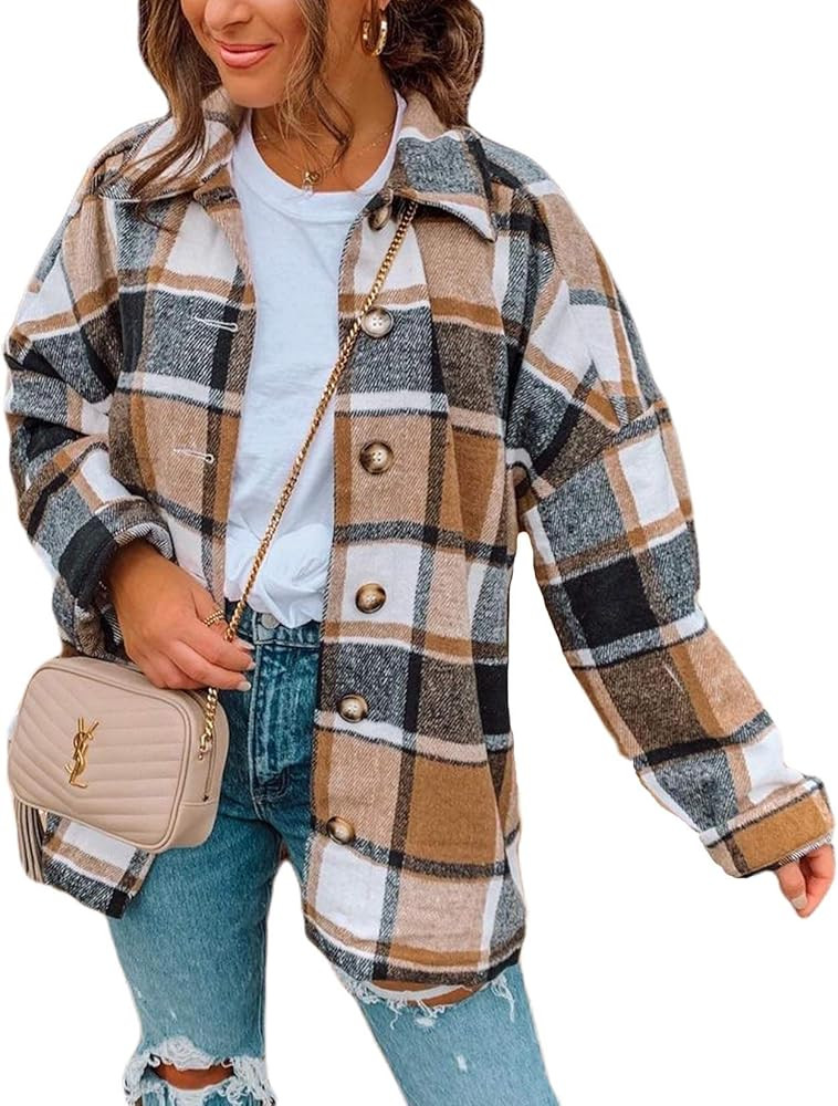 Women Plaid Long Sleeve Shirt Jacket Casual Wool Blend Button Down Shacket Shirts Coat | Amazon (US)
