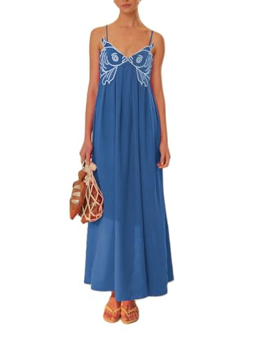 Women Koi Fish Long Cami Dress Y2k Embroidered Spaghetti Strap Flowy Maxi Dress Backless Summer V... | Amazon (US)