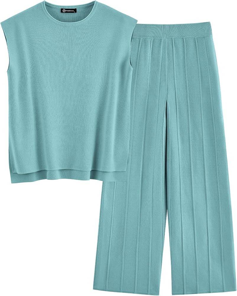 PRETTYGARDEN Women's 2 Piece Outfits Knit Loungewear High Low Pullover Tops and Wide Leg Pants Ca... | Amazon (US)