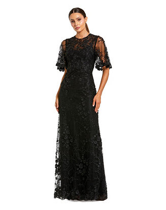 Petite Flutter Sleeve Floral Embroidered Net Gown | Macy's