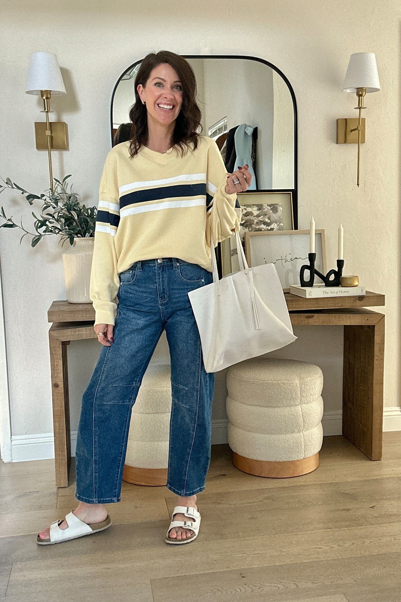 Grabbed a medium in the sweater for an oversized look. The barrel jeans and look for less sandals are tts. This faux leather bag matches everything and is only $17  

#LTKFindsUnder50 #LTKSaleAlert #LTKOver40