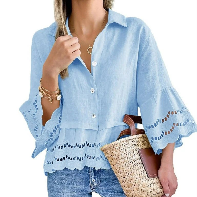 Turn-down Collar Women Casual Lace Hem Button Blouse 3/4 Sleeve Tops | Walmart (US)