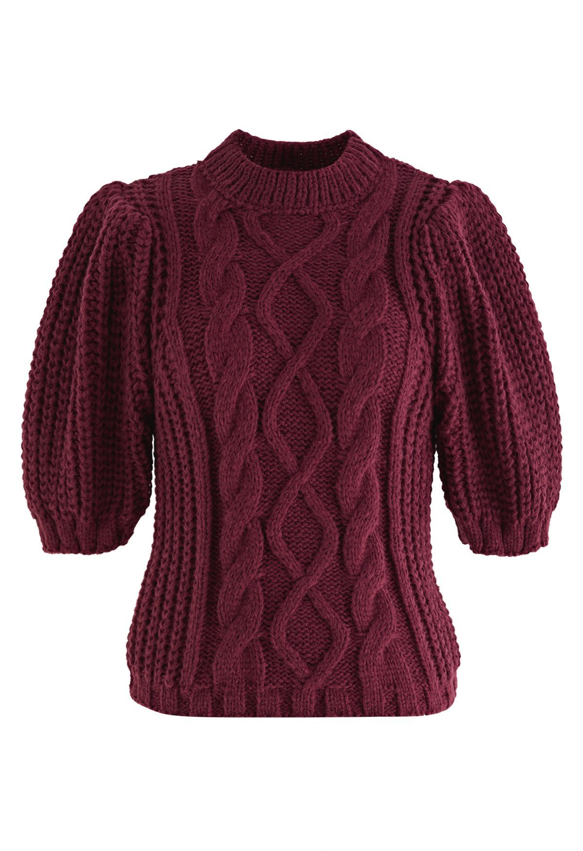 Bubble Sleeve Braided Ribbed Sweater in Burgundy | Chicwish