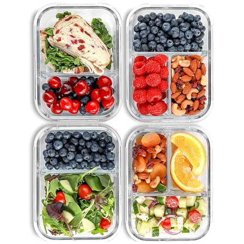 FIT Strong & Healthy Glass Meal Prep Containers, 2 & 3 Compartments - Portion Control, Lunch Container Set, Food Storage, Airtight Lids, Oven & Freezer Safe, Leak-Proof Bento Box, 32 oz, Blue, 4 Pack | Amazon (US)