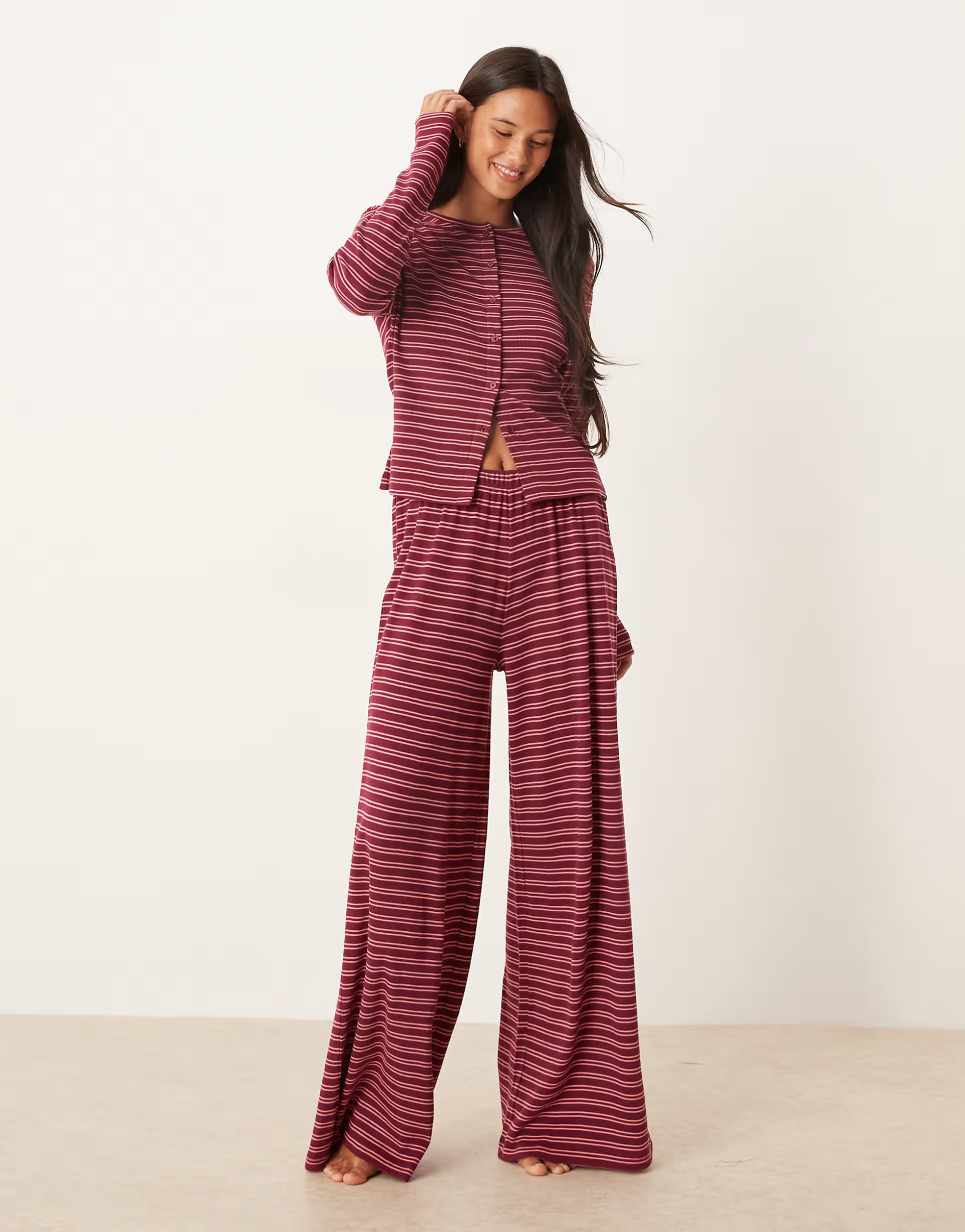 ASOS DESIGN wide leg trouser in burgundy stripe | ASOS (Global)