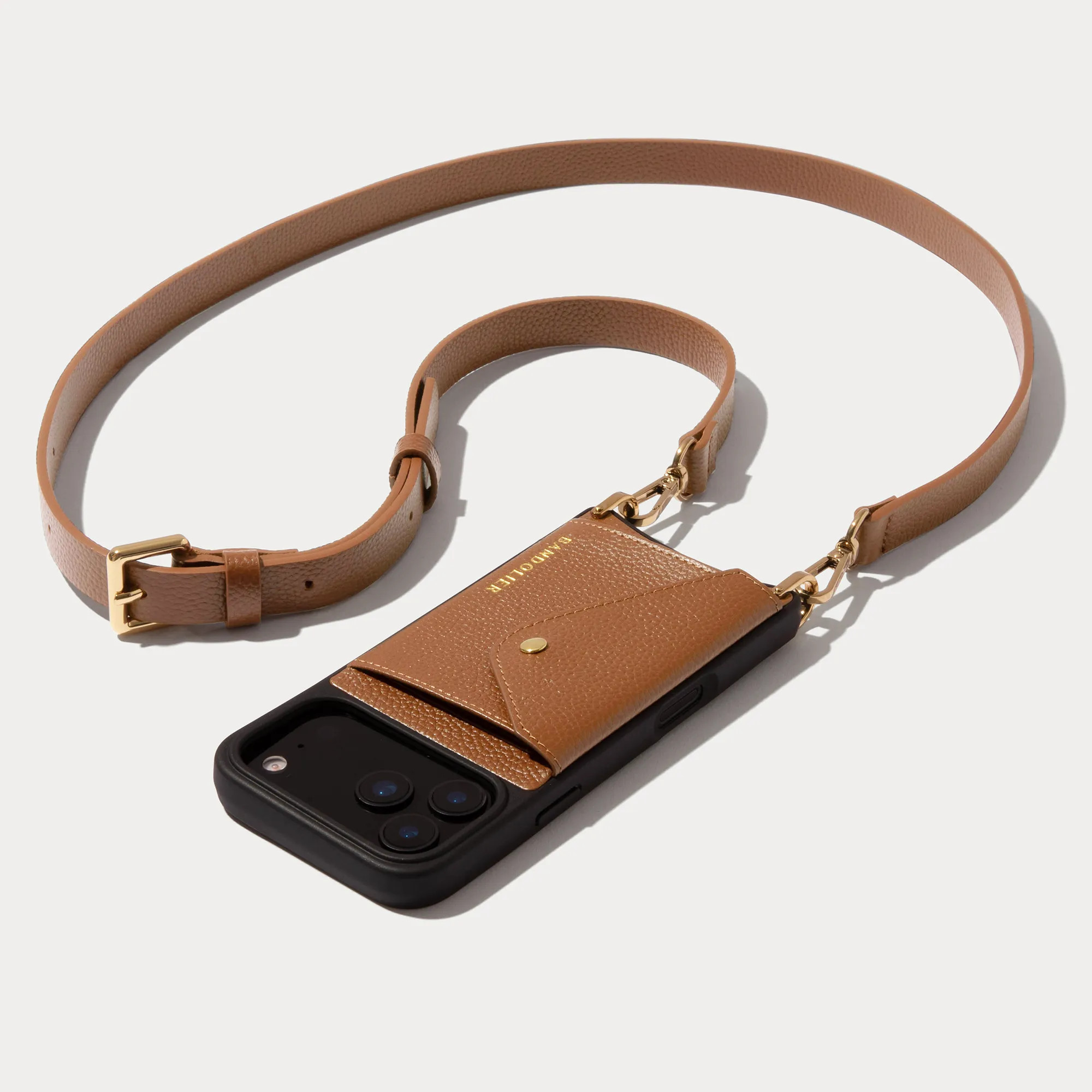 Hailey Side Slot Leather Crossbody Bandolier - Saddle Brown/Gold 13 / iPhone Pro Max | Bandolier
