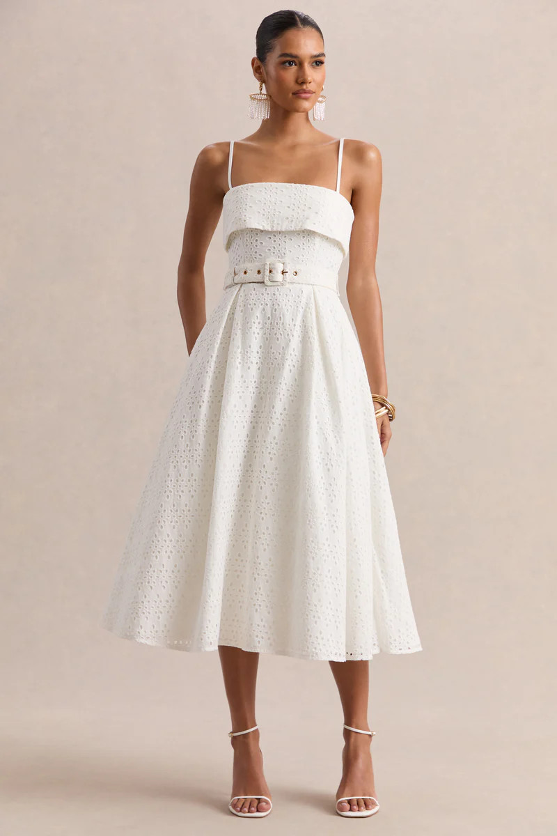 Zoeva  Cream Broderie Square-Neck Belted Midi Dress | Club L London