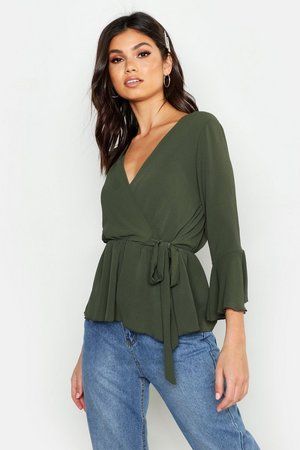 Wrap Front Peplum Hem Blouse | Boohoo.com (US & CA)