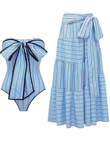 FLAXMAKER Women's One Piece Multi-Way Striped Lace Up Bow Tie One Piece Swimsuit and Skirt (US, Alpha, Small, Regular, Regular, Blue Swimsuit and Skirt) | Amazon (US)