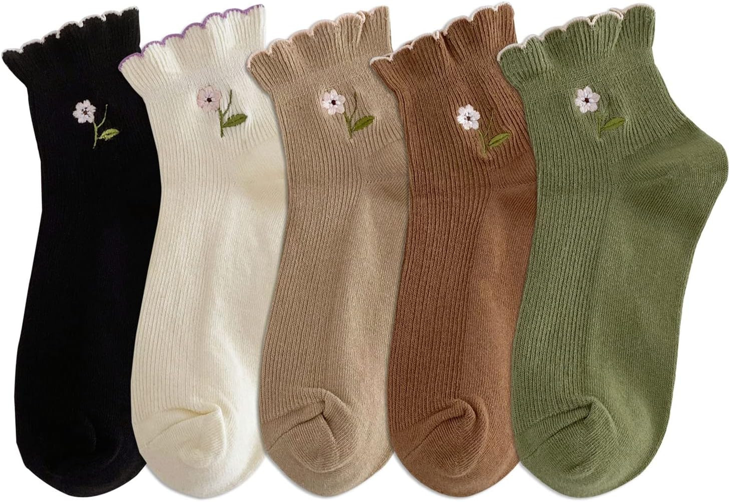 zrylibya Women Ruffle Frilly Floral Embroidery Scallop Ankle Socks 5 Pairs | Amazon (US)