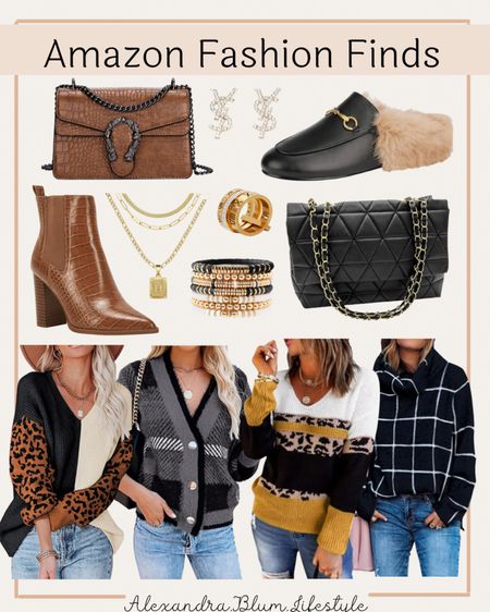 Amazon fashion finds!! Cute winter printed leopard sweaters and plaid cardigan sweaters. Cute date night purses, fur mules, pointed toe brown snake print booties, and gold jewelry!! Date night outfits! Casual outfit ideas! Winter outfits! Fall outfits! 

#LTKSeasonal #LTKunder50 #LTKunder100