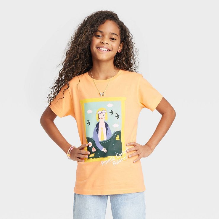 Kids' Piccolina Amelia Earhart Short Sleeve Graphic T-Shirt - Melon Orange | Target