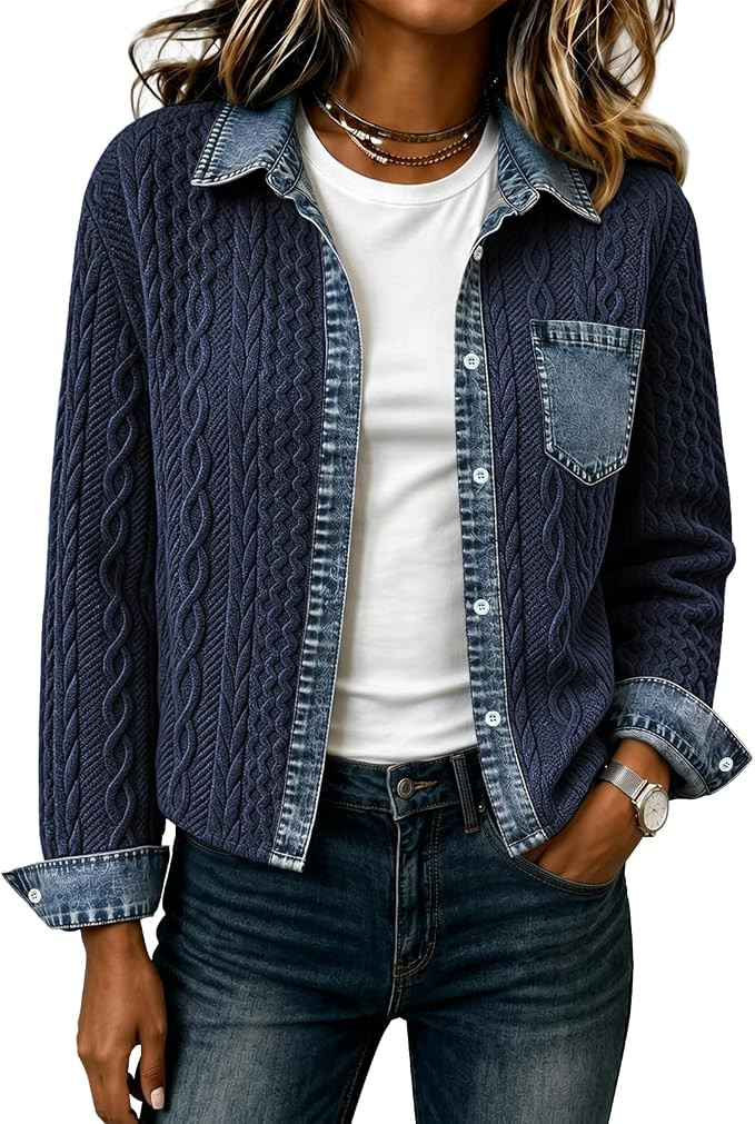 Cropped Jean Denim Collared Bomber Jacket Sweatshirt Cable Knit Shacket | Amazon (US)