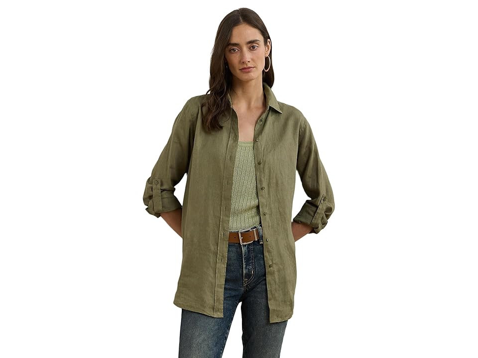 Lauren Ralph Lauren Relaxed Fit Linen Shirt Women's Clothing Sage Green : MD | Zappos