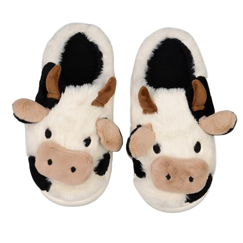 XIXITIAO Cow Slippers, Women's/Men's Kawaii Animal Cartoon Cotton Plush House Slippers, Size 9 | Amazon (US)